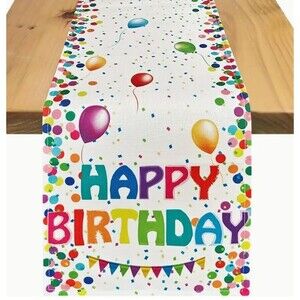 Table Runner 13x72in Linen Happy Birthday Balloons Colorful Party NEW